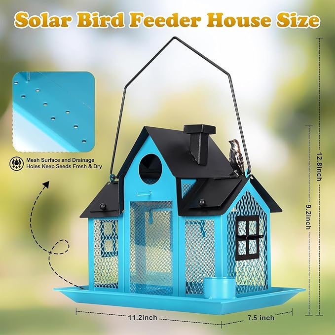 Solar Bird Feeders House for Outside Hanging, Metal Wild Bird Feeder for Outdoors Large Capacity Cardinal Birdfeeder Birdhouses Metal Bird Feeding Station Blue