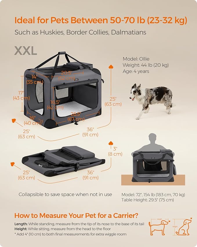 Feandrea 36 Inches Collapsible Soft Dog Crate, Portable Travel Dog Crate for Indoor and Outdoor Use, Dog Carrier Kennel with Safety Zippers, for Living Room, Car, Travelling, Camping, Gray UPDC90G01