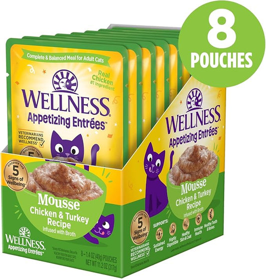Wellness Appetizing Entrées Mousse Adult Wet Cat Food, Natural, Protein-Rich, Grain Free, 1.4 Ounce Pouch, 8 Pack (Chicken & Turkey Recipe)