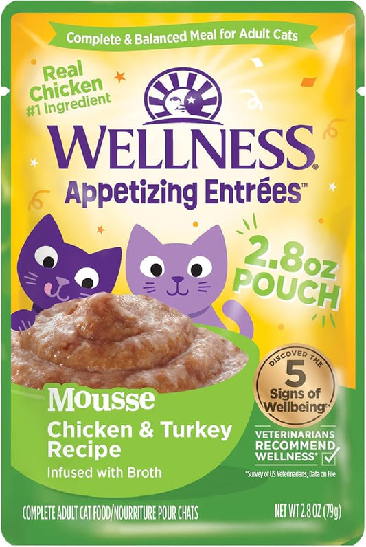 Wellness Appetizing Entrées Mousse, Adult Wet Cat Food, Natural, Protein-Rich, Grain-Free, 2.8 Ounce Pouch, 8 Pack, (Chicken & Turkey Recipe)