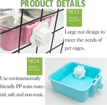 kathson Crate Dog Bowl, Removable Stainless Steel Hanging Pet Kennel Cage Bowl Food & Water Feeder Coop Cup for Puppy, Cat, Rabbit, Guinea Pigs 3pcs Small Square(Blue, Green, and Pink)