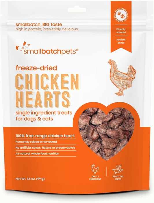 smallbatch Pets Premium Freeze-Dried Chicken Heart Treats for Dogs and Cats, 3.5 oz, Made and Sourced in The USA, Single Ingredient, Humanely Raise Meat, No Preservatives or Anything Artificial Ever
