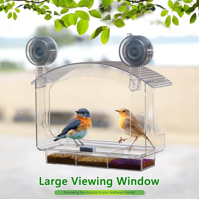 Window Bird Feeder with Strong Adhesive Suction Cups, Clear Bird Feeders for Window Viewing, Acrylic Window Bird Houses for Viewing Inside, Suction Bird Window Feeder for Cats