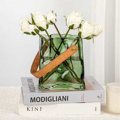 Glass Purse Vase for Flowers Green Vases for Centerpieces Glass Bag Vase with Leather Handle Small Handbag Vases for Decor Decorative Fish Bowl for Home Wedding Decor
