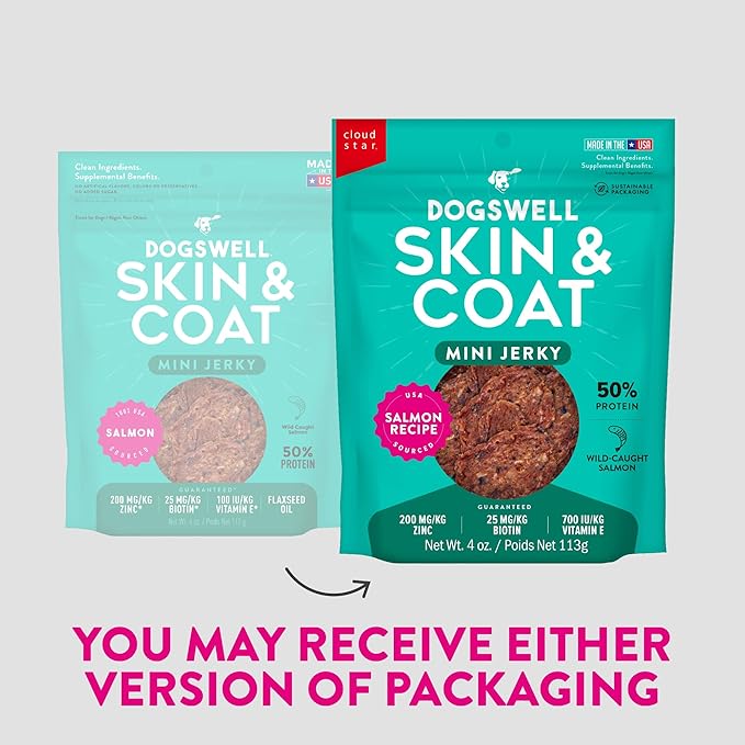 Dogswell Skin & Coat Mini Jerky Dog Treats, Salmon, 4 oz. Bag