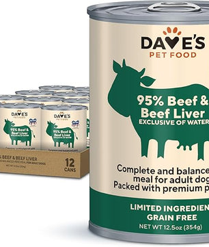 Dave's Pet Food Grain Free Wet Dog Food (95% Beef & Beef Liver), Made in USA Single-Source Protein, Limited Ingredients Added Vitamins & Minerals, 12.5 oz Cans (12 Pack)