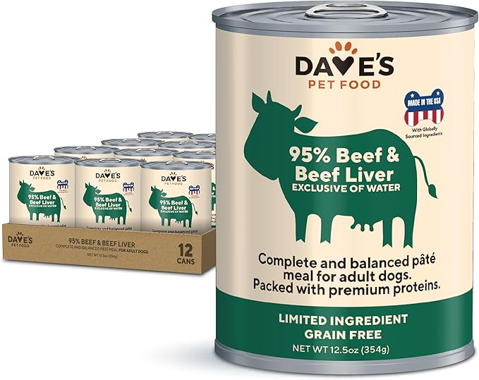 Dave's Pet Food Grain Free Wet Dog Food (95% Beef & Beef Liver), Made in USA Single-Source Protein, Limited Ingredients Added Vitamins & Minerals, 12.5 oz Cans (12 Pack)