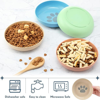 Tioncy 24 Pcs Fatigue Relief Cat Bowl 5.5 Inch Shallow Cat Food Dish Wide and Small Pet Wet Plate Wide Stray Wet Feeding Bowl for Ferrets Feral Short Legged Kitten, Wheat Straw(Four Color,Cute)