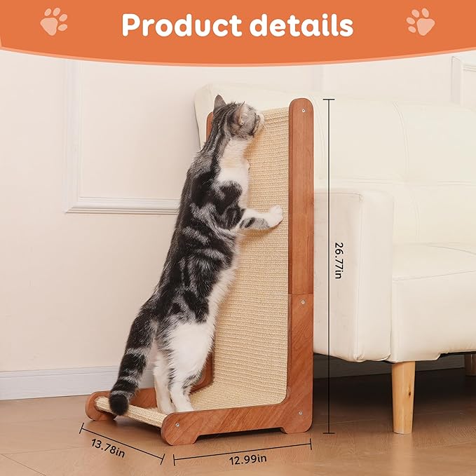 Large Cat Scratching Post for Indoor Cats,26.8'' Solid Wood Frame Natural Sisal L Shape Cat Scratch Pad, Vertical Cat Scratcher,Cat Scratching Board Cat Scratch Post,Perfect Cat Furniture