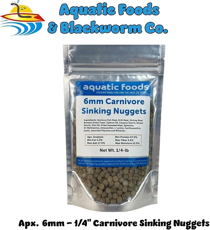 Aquatic Foods Inc. 6mm - 1/4" Carnivore Sinking Pellets for Cichlids, Catfish, Monster Fish, Bottom Fish & Koi - 1/4-lb Foil Pouch Bag