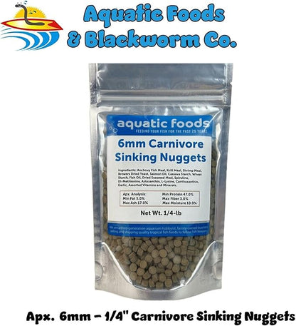 Aquatic Foods Inc. 6mm - 1/4" Carnivore Sinking Pellets for Cichlids, Catfish, Monster Fish, Bottom Fish & Koi - 1/4-lb Foil Pouch Bag