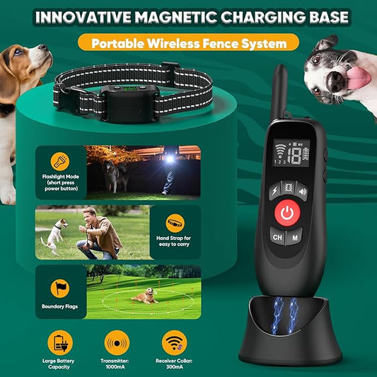 Wireless Dog Fence, Portable Electric Fence for Dogs with Remote Training Collar, Magnetic Charging Base, Outdoor Pet Containmen System for Yards, Adjustable for Medium Large Dogs (for 2 Dogs)