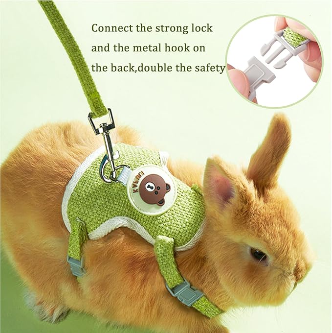 Rabbit Harness and Leash Set 2 Pieces Adjustable Bunny Harness Leash Ferret Harness Guinea Pig Harness Ferret Leash for Small Pets Walking Outdoor (Green, Small)