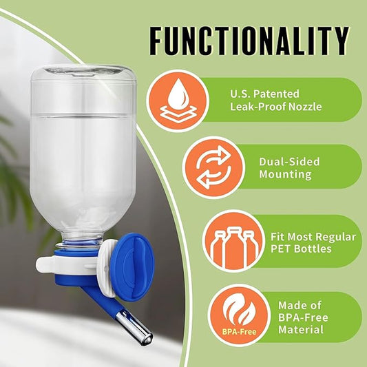 Choco Nose No-Drip Water Bottle Feeder for Hamsters, Hedgehogs, Gliders, Mice, Gerbils, & Small Pets, 10.2 fl.oz, 300ml - Easy to Install in Cages/Crates, US Patented Leakproof Nozzle 10mm, Blue(C125)