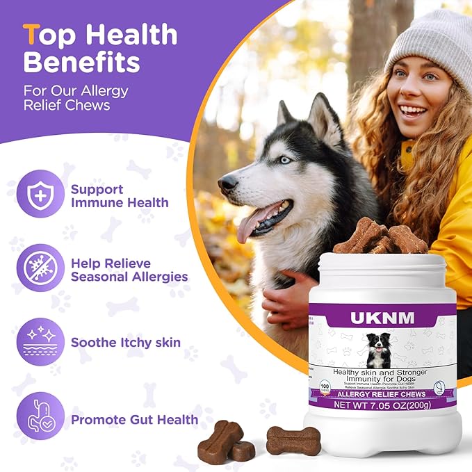 Allergy Relief Chews for Dogs - Omega 3 Skin & Coat Supplement with Colostrum & Probiotics - Itch Relief for Dogs, Dry Skin, Paw Licking, Seasonal Allergies,Chicken Flavor,100 Large Chews