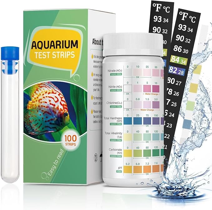 Pawfly 7 in 1 Aquarium Test Strips, 100 Strips Fish Tank Testing Strips for pH Chlorine Nitrate Nitrite Carbonate Hardness Total Alkalinity Water Quality Freshwater Saltwater Test Kit
