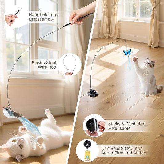 HONGDDY Interactive Bird Simulation Cat Toys，4 in 1 Cat Toys for Indoor Cats, 4 Replacement Birds，Hanging Door Kitten Wand with Suction Cup Removable Feathers Balls Mice Butterfly Streamers