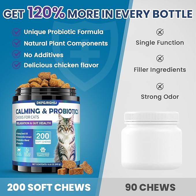 Cat Calming Treats, 200 Soft Chews Hemp Calming for Cats Gut Health with Probiotics, Calm Cat Treats for Anxiety and Stress Relief & Probiotic for Cats Digestive Health Chicken Flavor