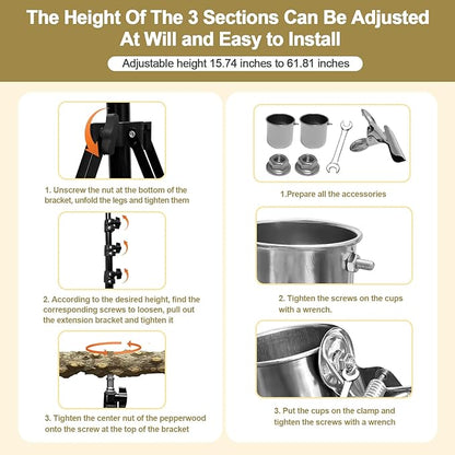 16-63 Inch Height Adjustable Bird Perch Pepper Wood Parrot Training Perch Stand with Feeding Cups and Swing Toy Parakeet Perches Indoor and Outdoor Parrot Stands for Small to Medium Bird