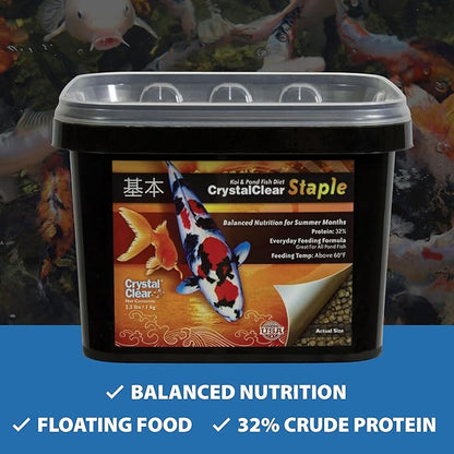 CrystalClear Staple Pond Fish Food for Healthy Koi & Goldfish, Protein Packed Floating Pellets for Summer Nutrition, Easy Digestion, 40 Pound Bucket
