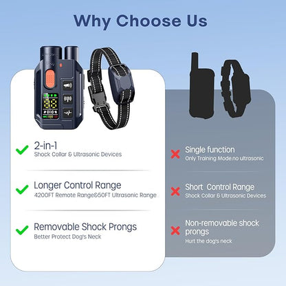 2 in 1 Dog Shock Collar &Dog Bark Deterrent Devices,4200FT Dog Training Collar with Remote, E Collar with Adjustable Beep, Vibration and Shock, IP67 Waterproof,50FT Ultrasonic(1-3L) Control Range