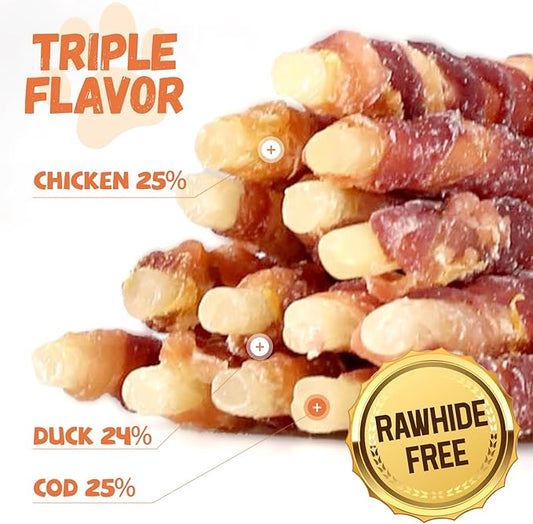 Triple Flavor Dog Treats, Chicken Duck Wrapped Cod Sticks, Rawhide-Free Grain-Free Soft Chewy Treats Natural Ingredients, Training Snacks for Small Medium Large Dogs, 15-17 Counts, 10.6 oz