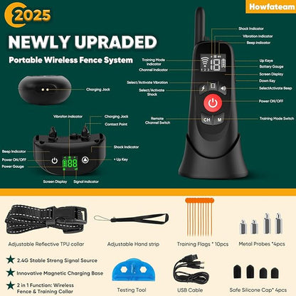 Wireless Dog Fence, Portable Electric Fence for Dogs with Remote Training Collar, Magnetic Charging Base, Outdoor Pet Containmen System for Yards, Adjustable for Medium Large Dogs