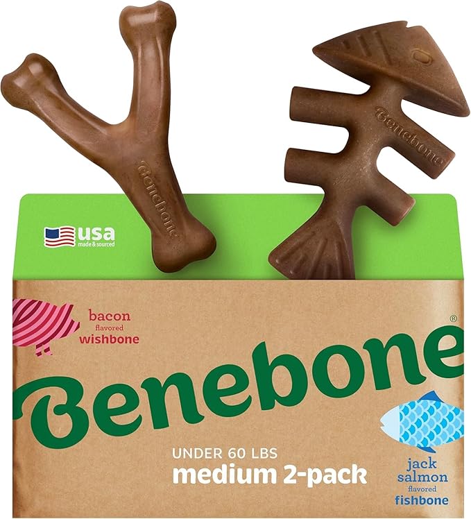 Benebone 2-pack Fishbone/Wishbone Durable Dog Chew Toys, Real Fish, Real Bacon, Made in USA, Medium