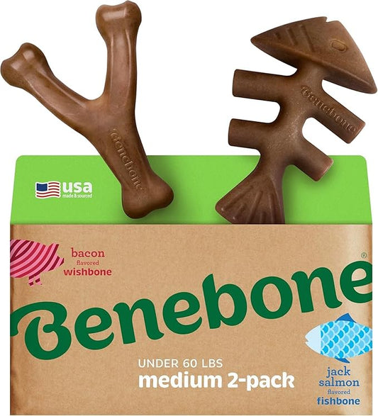 Benebone 2-pack Fishbone/Wishbone Durable Dog Chew Toys, Real Fish, Real Bacon, Made in USA, Medium