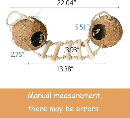 Bird Coconut Hides Nest with Ladder Parrot Cage Hanging Natural Coco Shell Hut Hide Toy with Wooden Bridge Hollow Hideaway Toys for Parakeet Lovebird Finch Canary 2PCS