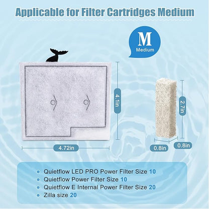 12 Pack Medium Filter Cartridges+ 8 Pack Ammonia Reducer Filter Pads Compatible with Aqueon QuietFlow LED PRO Power Filter Size 10 & E Internal Power Size 20 & Zilla Size 20