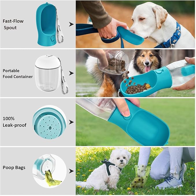20oz Dog Water Bottle with Food Container & Poop Bag Dispenser | Leak-Proof Portable Pet Water Dispenser with Carabiner Clip | for Walking, Hiking, Travel (Cyan, 20oz)