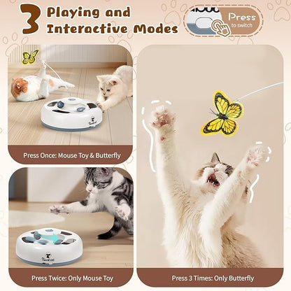 Pawaboo 3-in-1 Automatic Interactive Cat Toy, Electronic Motion Kitten Toy with Fluttering Butterfly Teasers, Track Ball & Random Hide Mouse, USB Rechargeable Cat Teaser Mouse Toys for Indoor Kitties