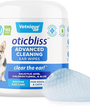VETNIQUE Oticbliss Advanced Cleaning Ear Wipes for Dogs & Cats for Odor Control, Dirt and Wax Removal with Soothing Aloe Vera, Drying Agent and Vitamin E, Clear the Ear 100ct Wipes