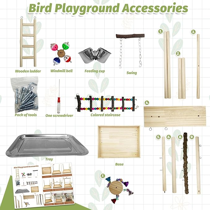 PINVNBY Bird Playground Parrot Perch Stand Play Gym Cockatiel Wood Bird Toys Birds Cage Accessories Playpen Ladder with Feeder Cups Hanging Swing Toys for Parakeet Conure Lovebird Cockatiel