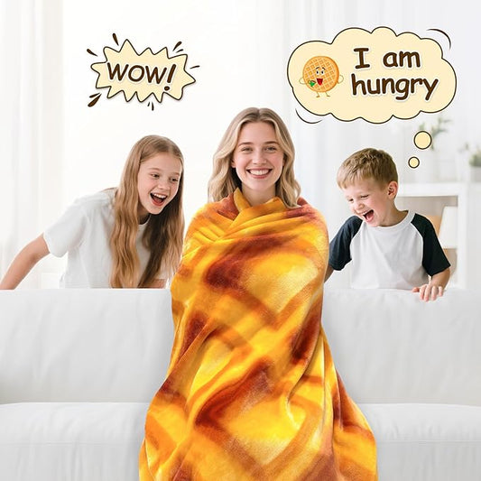 mermaker Waffles Blanket 60 inches for Adult Kids, Realistic Waffles Throw Blanket Funny Gifts for Women Men Teen Boy Girl, 285 GSM Soft Flannel Food Wrap Blanket for Christmas Birthday Gifts-Orange