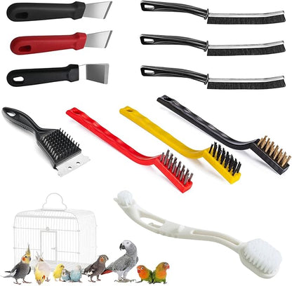11-Piece Set Bird Cage Cleaner,Small Animal cage Cleaning Tool Plastic and Stainless Steel Cleaning Brush Long Handle Cleaning Brush Spatula Bird Cleaning Bird Drops Multipurpose Cleaning