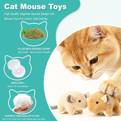 Plush Catnip Mice Toys with Crinkle Sound - 2 Pcs Interactive Cat Toys for Indoor Cats, Durable Stress Relief Eco-Friendly Small Mouse Chew Playthings（Camel+ Chestnut Color）