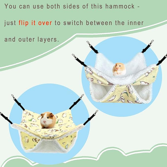 LUCKITTY Small Pet Hammock & Tunnel Set for Ferrets, Guinea Pigs, Rats - Plush Hideout Bed & Cage Toy, 2-Pack, Yellow Guinea Pig Print