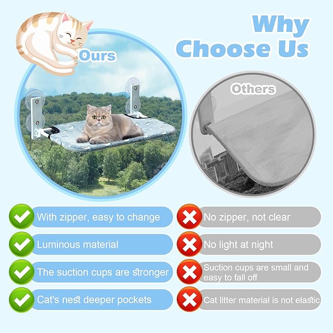 Glow in the Dark Cat Hammock with Cordless Cat Bed, 4 Strong Suction Cups, Warm Soft Zipper Cushions, Moon, Large