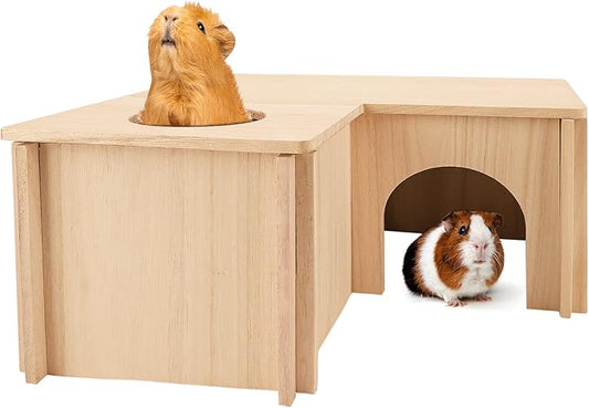 PAWCHIE Guinea Pig Hideout Hamster House with Multi-Rooms - Small Animals Pets Hideout Multi-Chamber Wooden Hut Habitats Decor Tunnel for Guinea Pigs, Hamsters, Chinchillas