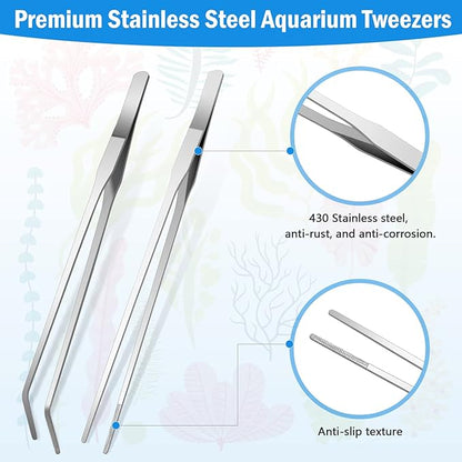 5 in 1 Aquarium Coral Feeder Kit, Luxiv 2 Pcs 60ml and 30ml Aquatic Reef Feeding Dropper with 10in Extender Pipe, 2 Pcs Stainless Steel Straight and Curved Aquarium Tweezers for Feeding Tong (Silver)