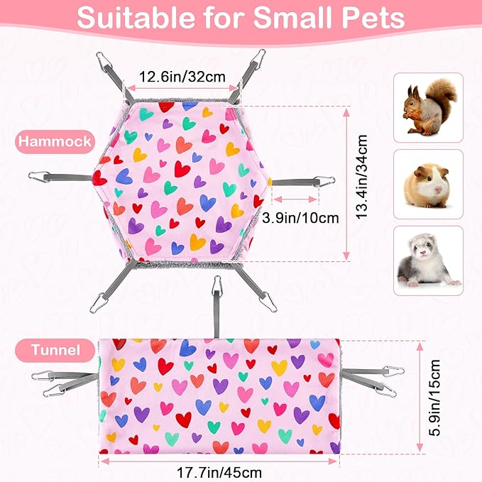 Bienbee 2 Pcs Ferret Rat Hammock Set for Cage Washable Guinea Pig Hideout Bed Soft Small Animal Hammock Tunnel Toys Ferret Cage Accessories for Hedgehog Sugar Glider Squirrel Hamster, Pink Hearts
