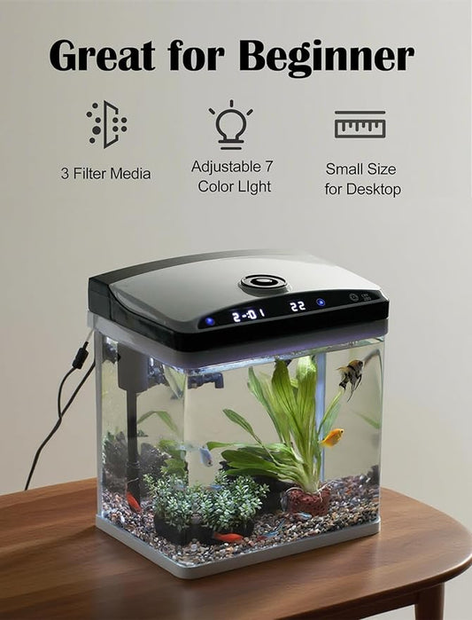 3 Gallon Fish Tank, Small Smart Aquarium with Filter, LED Light, Temperature Display for Betta, Shrimp, Goldfish, Guppies Small Fish with Fish Net
