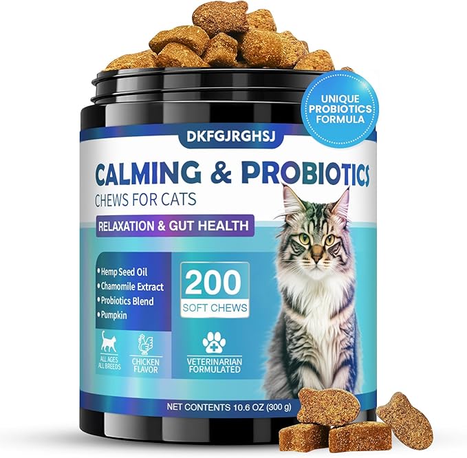 Cat Calming Treats, 200 Soft Chews Hemp Calming for Cats Gut Health with Probiotics, Calm Cat Treats for Anxiety and Stress Relief & Probiotic for Cats Digestive Health Chicken Flavor