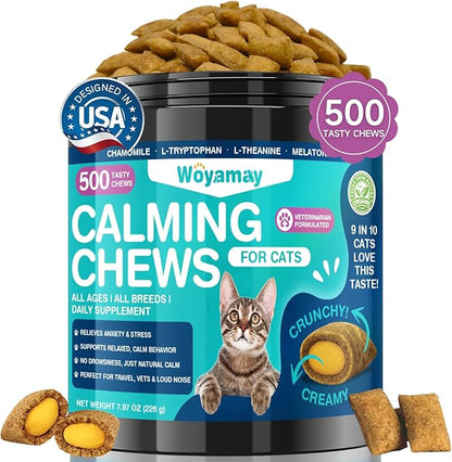 Cat Calming Treats, 500 Crunchy & Creamy Calming Chews for Cats, Natural Calming Cat Treats to Manage Stress & Anxiety, Tasty Calm Chews Supplement, Chicken Flavor