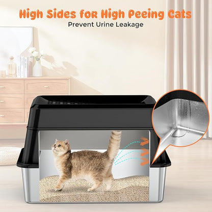 URPOWER Stainless Steel Cat Litter Box with Lid Extra Large Enclosed Litter Box for Cats Non-Sticky Metal Pan with High Sided Enclosure & Scoop, Front & Top Entry, Anti-Leakage, Easy Cleaning