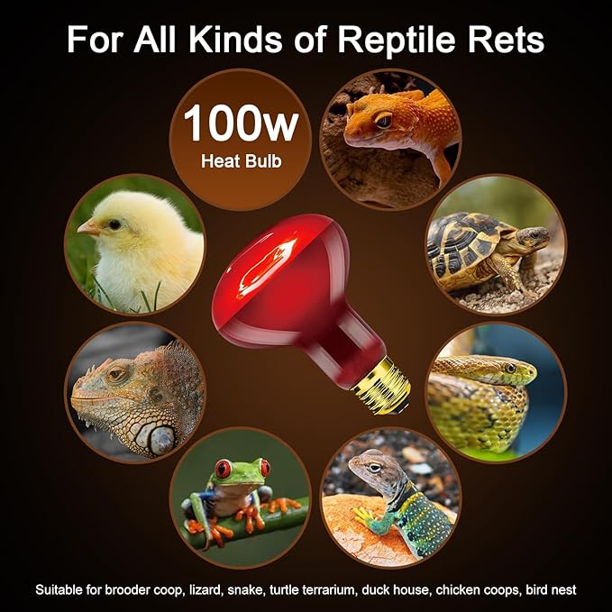 Reptile Heat Lamp Bulb 100W 2PCS, Infrared Heat Emitter Red Heat Lamp for Reptile Amphibian, Infrared Basking Spot Light Bulb