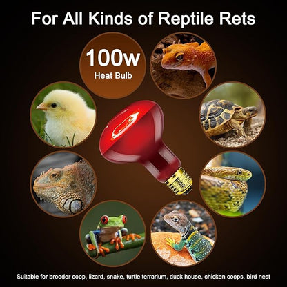Reptile Heat Lamp Bulb 100W 2PCS, Infrared Heat Emitter Red Heat Lamp for Reptile Amphibian, Infrared Basking Spot Light Bulb