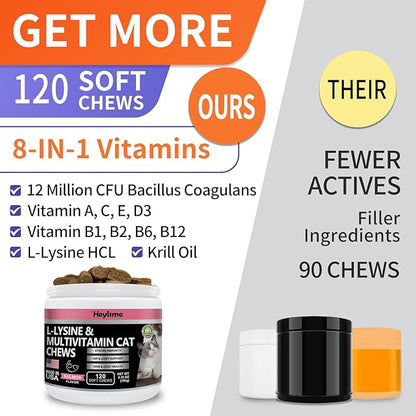 Lysine Supplement for Cats, Cat Treats for Sneezing and Runny Nose, Cold, Cat Immune Support, Eye Function, and Respiratory Health, L-Lysine cat Vitamins for Cats (120 Pills, Salmon)